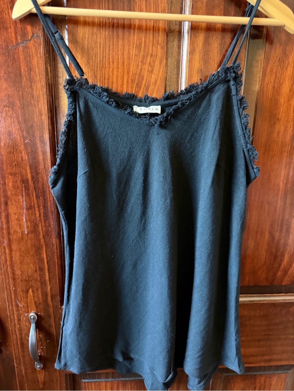 Kori Black Fringe-Trim Spaghetti Strap Camisole